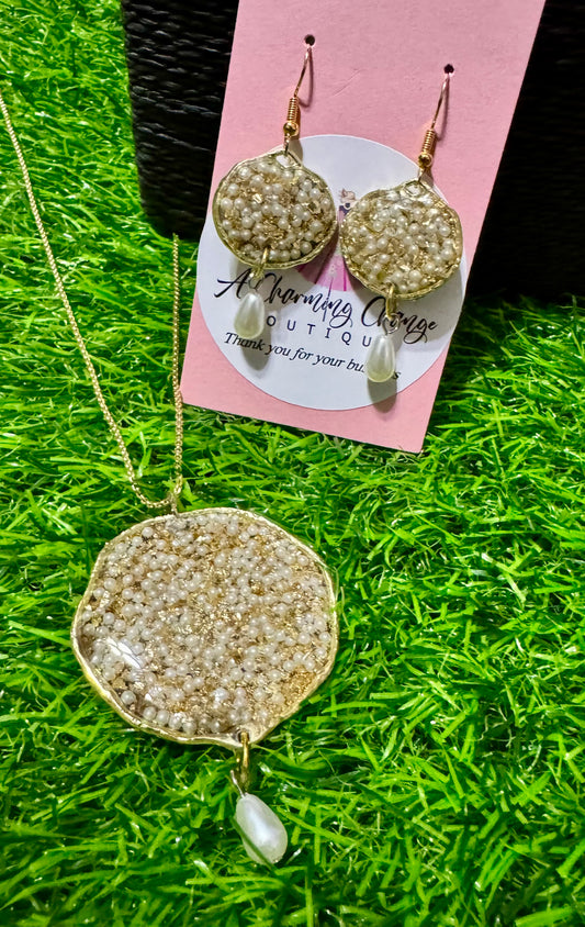 Golden Pearl Pendant and Earrings Set