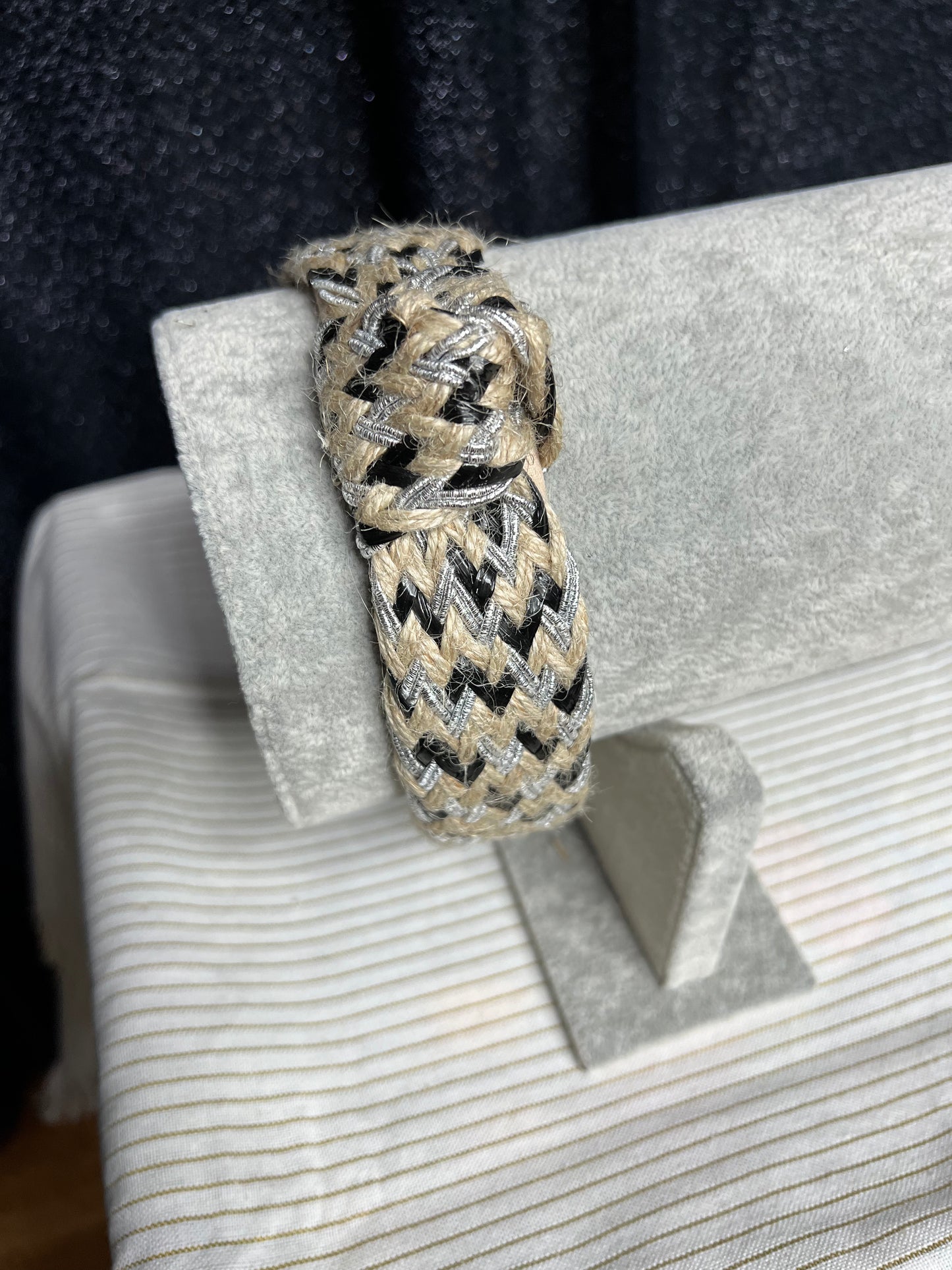 Woven Straw And Cord Black Neutral Headband