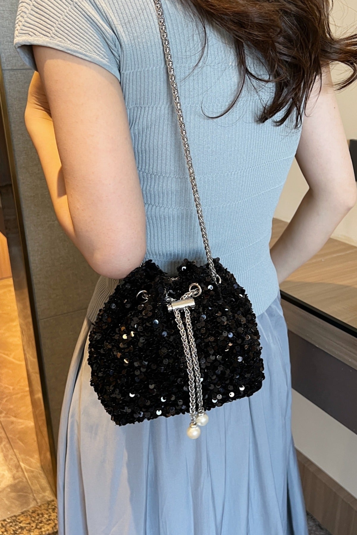 Sequin Chain Drawstring Crossbody