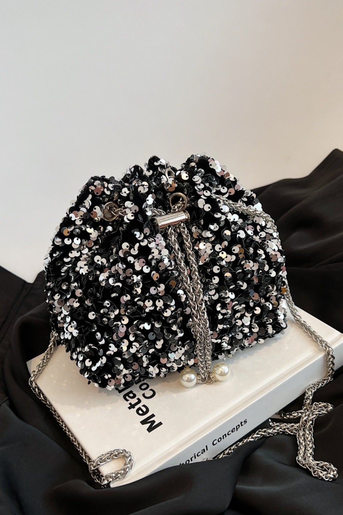 Sequin Chain Drawstring Crossbody