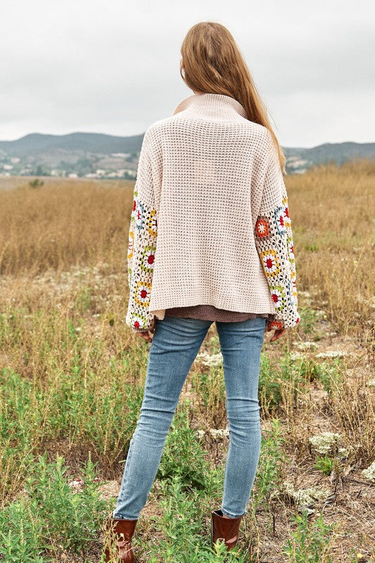 Crochet Floral Printed Long Sleeve Knit Cardigan - FASHIONGO