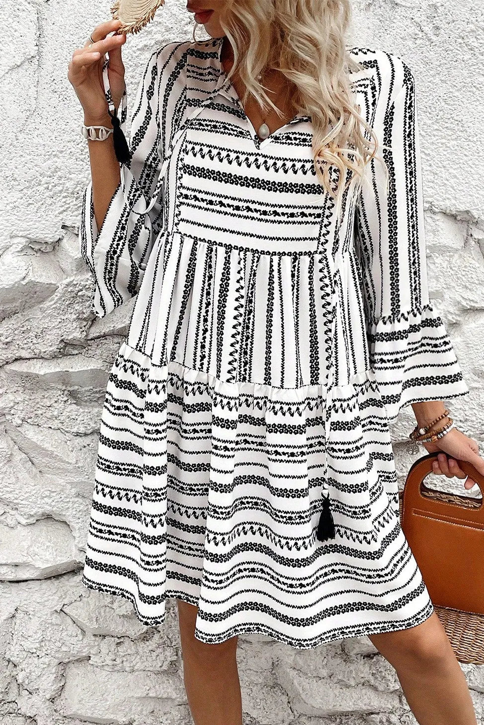 Printed Tie Neck Three-Quarter Sleeve Mini Dress