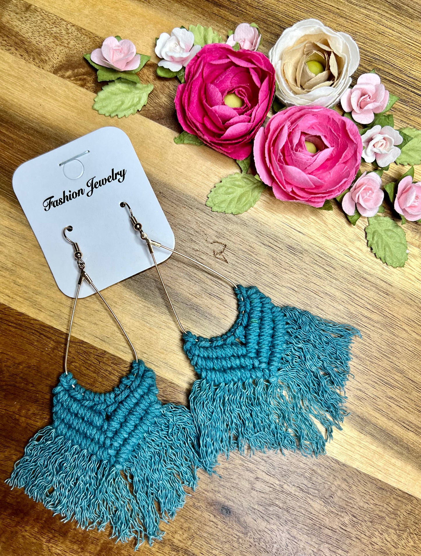 Boho Macrame Earrings - Teal (IN STOCK)